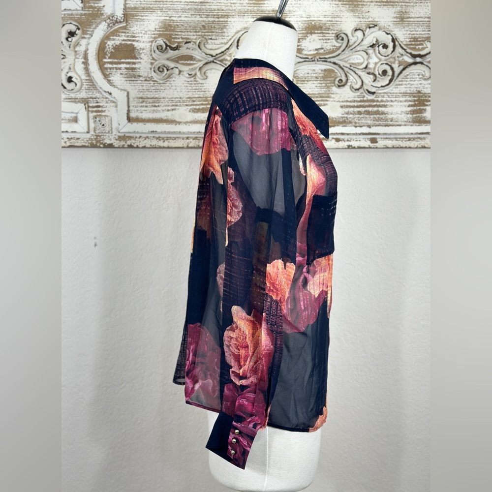 Robert Rogriguez floral sheer dark‎ blue chiffon blouse size Large - Picture 4 of 8